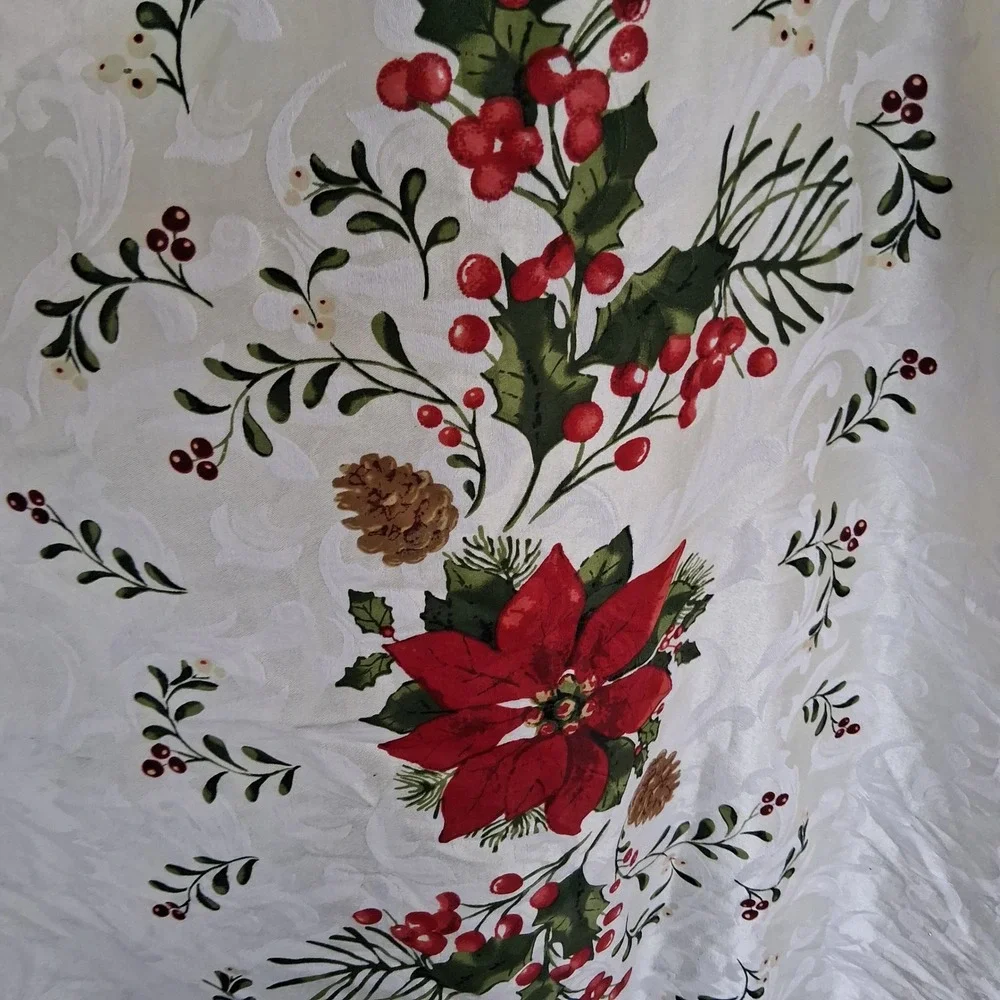 Vintage 90s Y2k Christmas Tablecloth Damask Cardinal Poinsettia 60x84